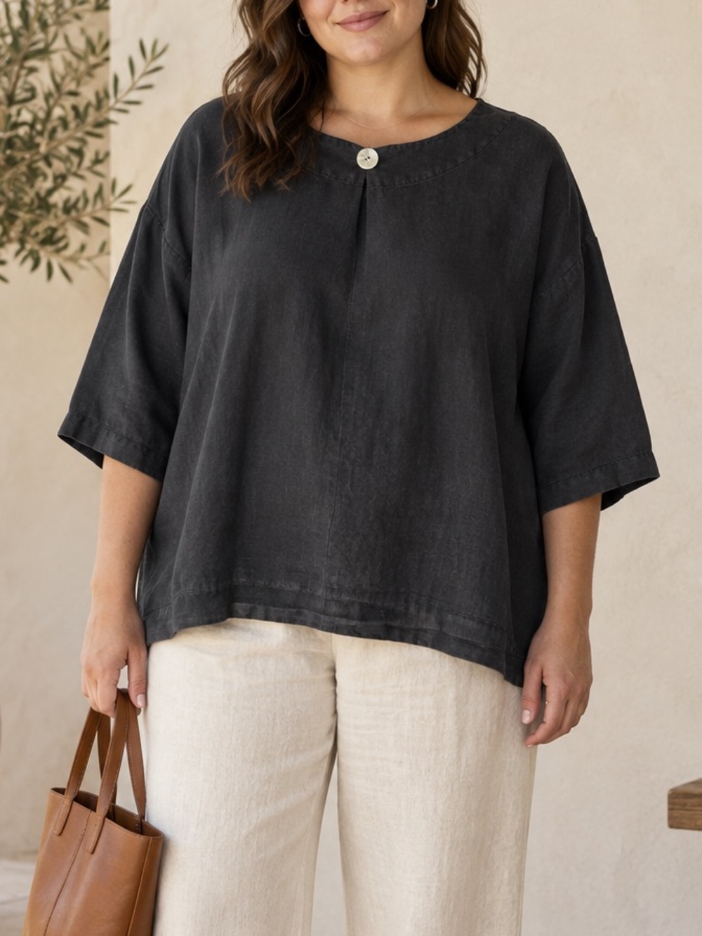 Bryn Walker Black Linen Oversized Lagenlook Boxy Pullover Top Minimalist Neutral